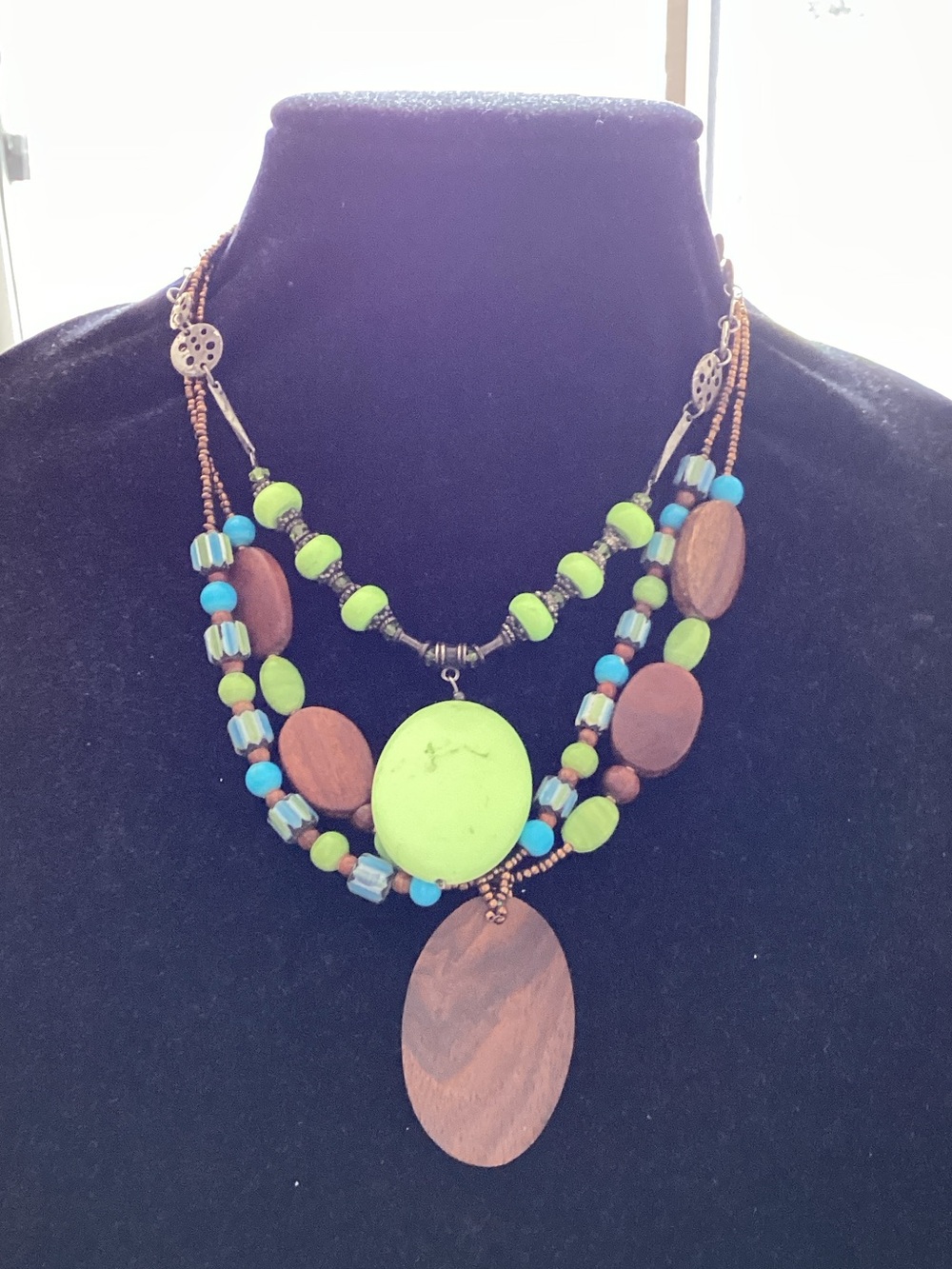Two-Strand Green and Brown Beaded stone glass wooden necklaces